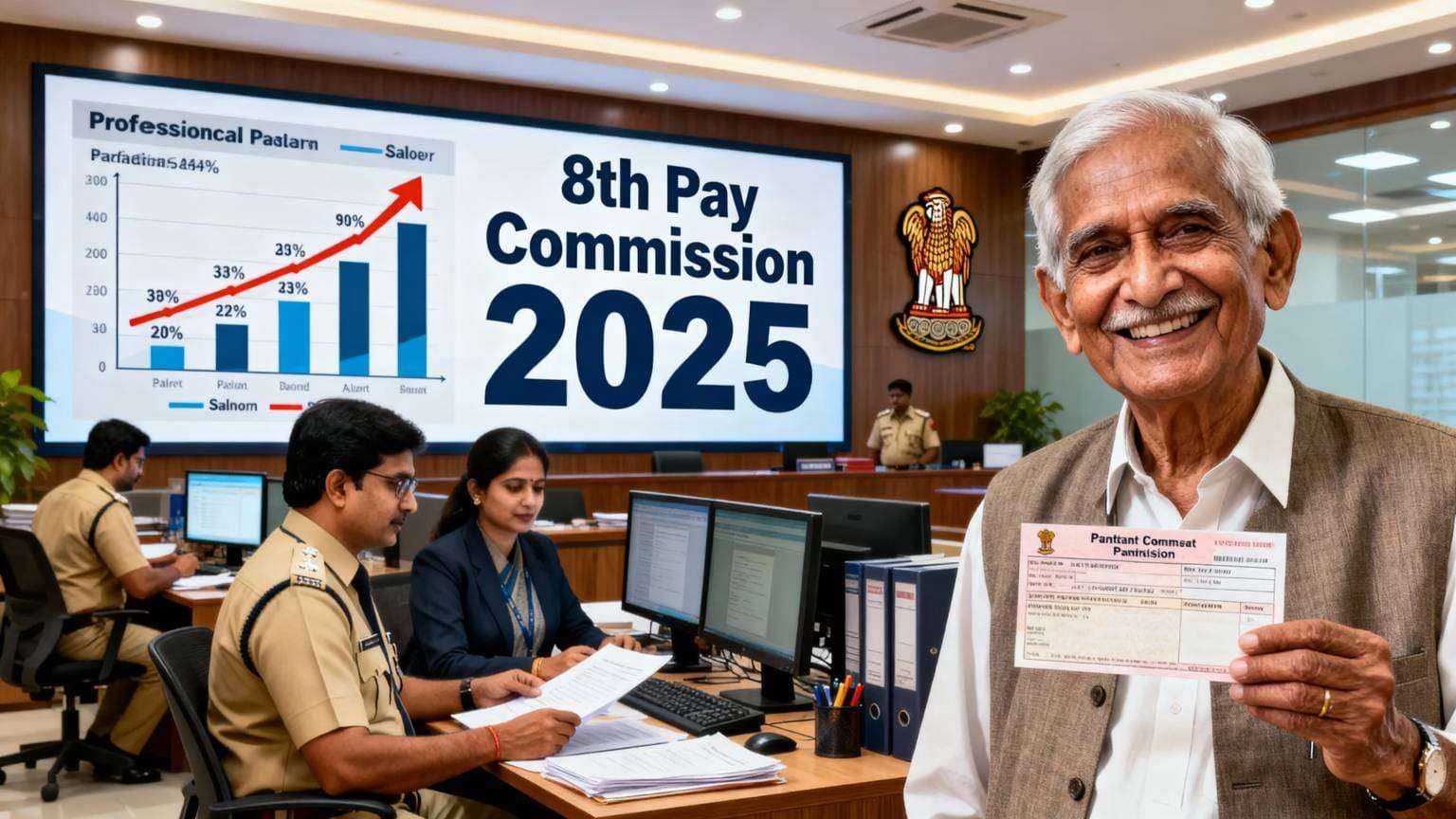 “8वां वेतन आयोग 2025: सरकारी कर्मचारी और पेंशनभोगी सैलरी व पेंशन बढ़ोतरी की जानकारी लेते हुए।”